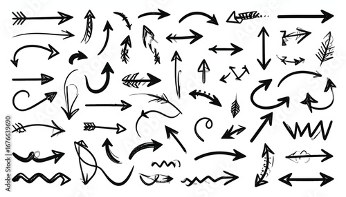 Collection of Hand-Drawn Black Arrows with Various Styles and Directions.