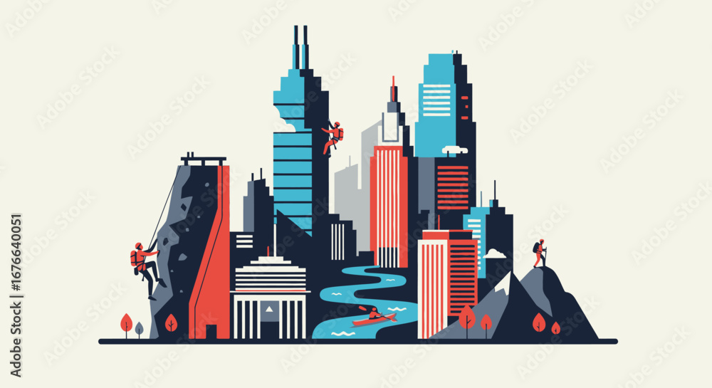 Obraz premium Urban Adventure: Cityscape with Climbers, Kayaker, and Hiker.