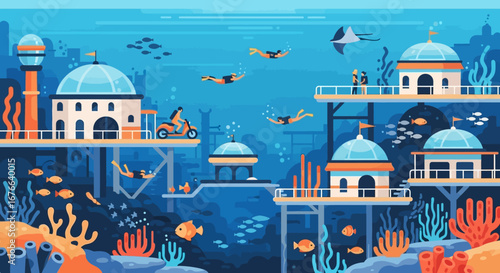 Underwater Cityscape with Domed Buildings and Divers