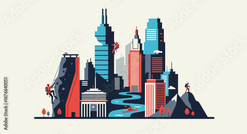 Urban Adventure: Cityscape with Climbers, Kayaker, and Hiker.