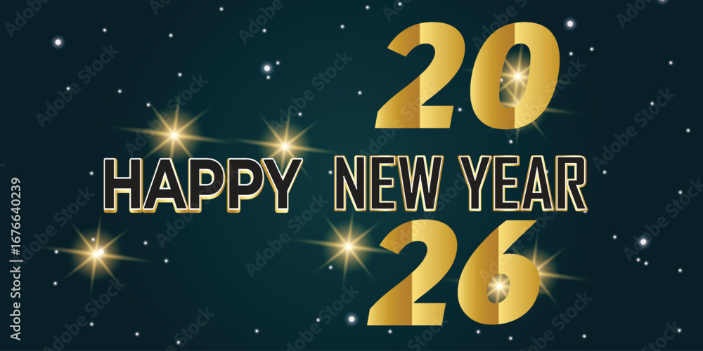 Naklejka premium 2026 Glittering New Year Card, Festive Sparkling Gold Background, Horizontal banner