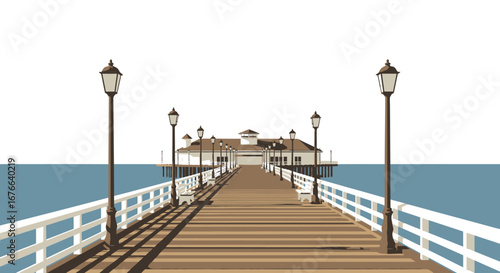 Vector illustration of a pier with a building at the end and vintage streetlights