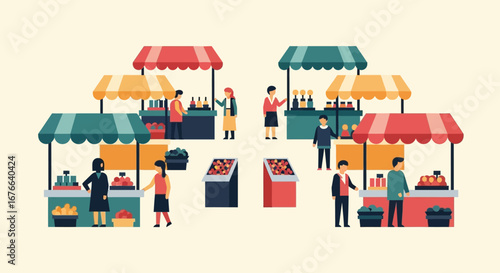 Vibrant farmer's market scene with vendors and customers at colorful stalls