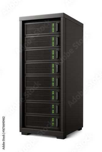 Data server tower with green lights against black background