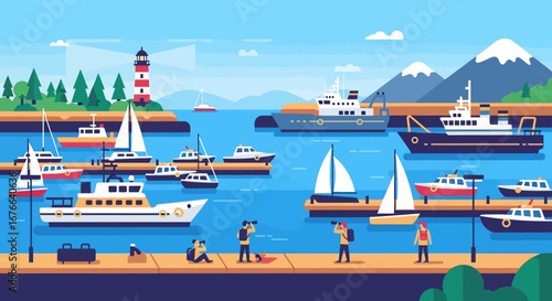 Vibrant harbor scene with diverse boats, lighthouse, and people enjoying the view