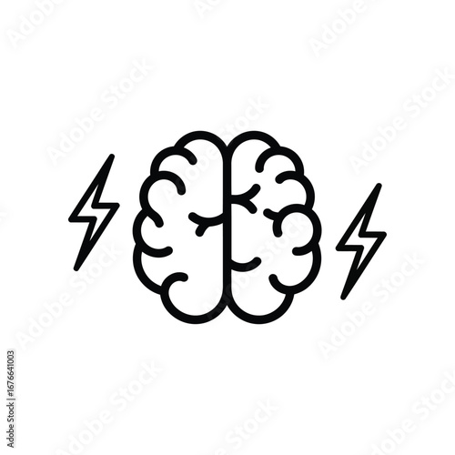 Mindful Idea: A minimalistic line art of a brain between two lightning bolts represents the power of innovative thinking and sudden ideas.