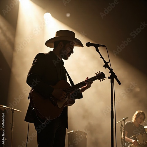 Silhouette of a country musician playing guitar on stage with spotlight and microphone