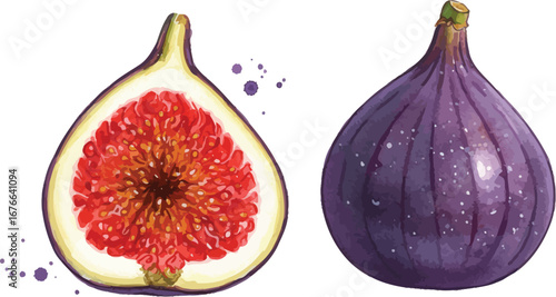 A whole and halved fig showcasing its vibrant interior and exterior on transparent background