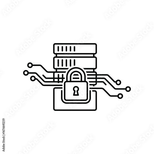 Digital Fortress: A secure digital server, safeguarded by a lock, representing secure data protection in a digital world, with intricate circuits enhancing the sense of a fortified realm.