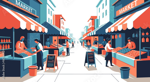 Vibrant Street Market Scene with Vendors and Shoppers