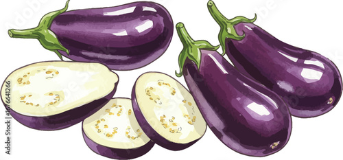A group of whole and sliced purple eggplants on a white background on transparent background