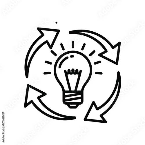 Creative Idea and Innovation Icon: A conceptual black and white icon of a glowing light bulb encapsulated within a circular flow of arrows.