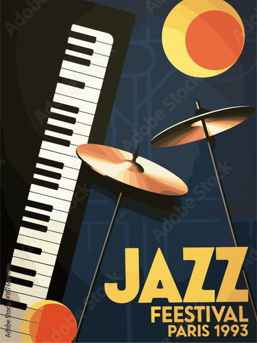 Stylized Art Deco Jazz Festival Paris 1993 poster with piano, cymbals, golden circles, and geometric patterns. Vintage Paris wall art evoking 1930s elegance and music charm