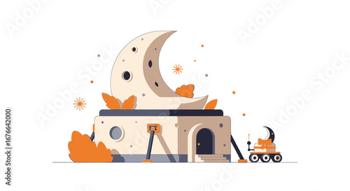 Whimsical Moon Base with Crescent Moon and Lunar Rover Illustration