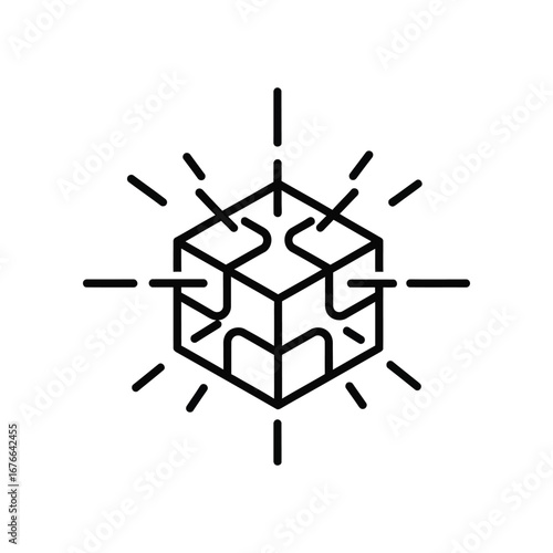 Geometric Puzzle Emblem: A sleek geometric emblem of a puzzle piece elegantly interlocked within a cube, radiating a sense of innovation and interconnection.