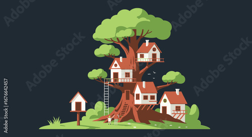 Whimsical Treehouse Village with Ladder, Birdhouse, and Playful Figures