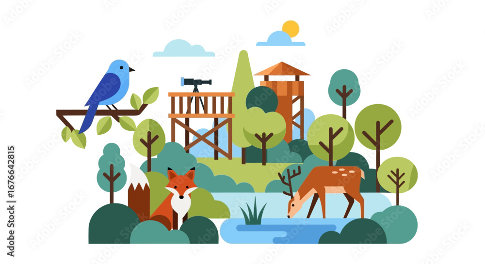 Obraz premium Wildlife Observation Tower Scenic Vista: Fox, Deer, and Bluebird