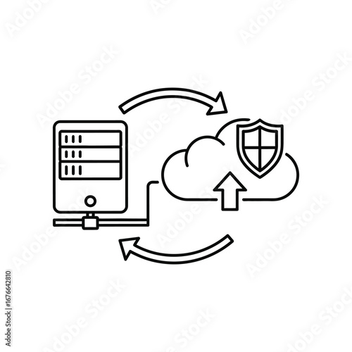 Cloud Data Security: A sleek line art illustration showcases the essential relationship between a server, a cloud, and a security shield, encapsulating data protection and digital safety.