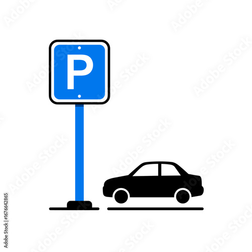 Blue parking sign and black car icon isolated on white background, vector illustration for transport navigation