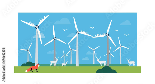 Wind Turbines with Birds, Deer, and a Fox in a Flat Design Landscape