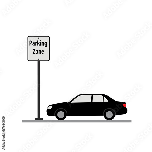Black Sedan Car Parked Next to Parking Zone Sign Illustration on White Background