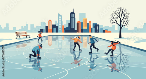 Winter Ice Skating Scene with City Skyline and Bare Tree Silhouette