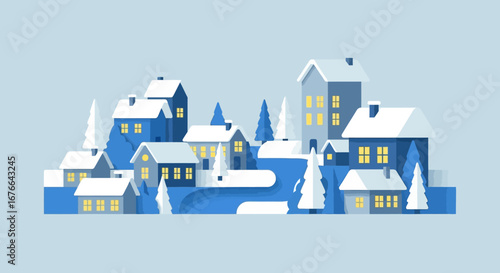 Winter Village Scene with Snow-Capped Houses and Illuminated Windows