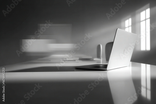 minimalist workspace featuring sleek laptop surrounded by blurred white text bars as ar interface
