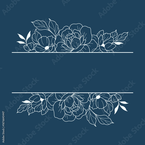 Decorative Floral Border Vector Design Images, Title Name Border flower Hand Draw Decoration, Name Border, leaf Hand Draw. flower frame with blue flowers. Hand drawn mono line floral background.