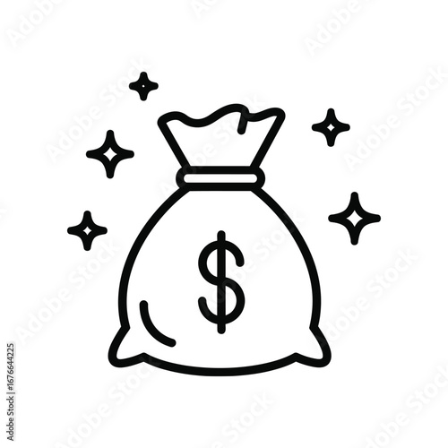 Financial Fortune: A stylized illustration of a dollar sign boldly emblazoned on a full money bag, with sparkling stars dancing around it, representing financial prosperity and wealth.