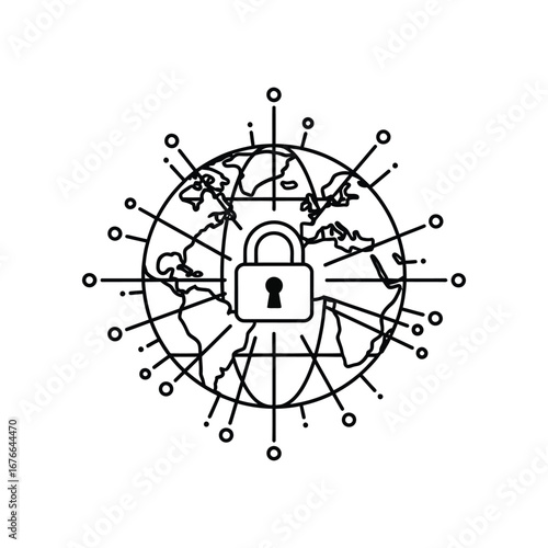 Global Digital Shield: A compelling minimalist illustration showcasing a globe encircled by a secure padlock, representing the safeguarding of interconnected digital networks across the world.