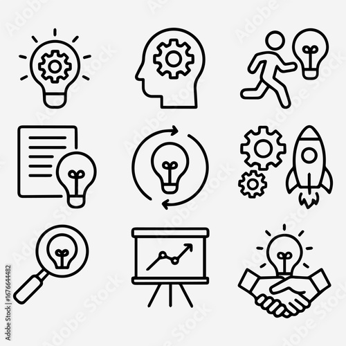 Collection of Simple Line Art Icons Representing Innovation and Ideas.