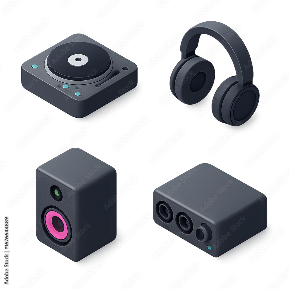 Obraz premium Isometric audio production gear transparent PNG 2x2 set DJ turntable studio headphones monitor speaker USB audio interface isolated cut out for music app UI ecommerce branding