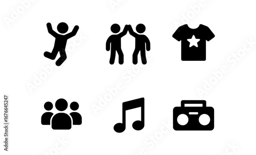 Simple black silhouette icons for social and music themes