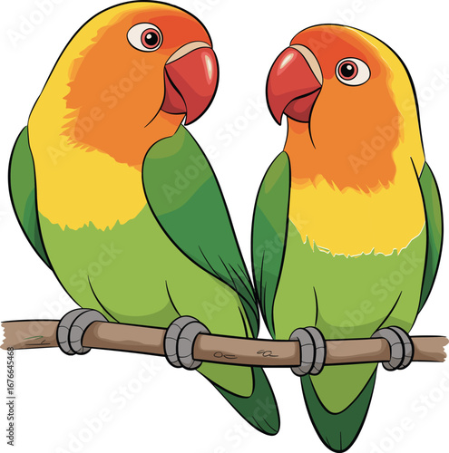 Colorful cartoon lovebirds sitting on branch, cute parrot couple illustration, tropical exotic birds, romantic animal drawing, green yellow orange parrots
