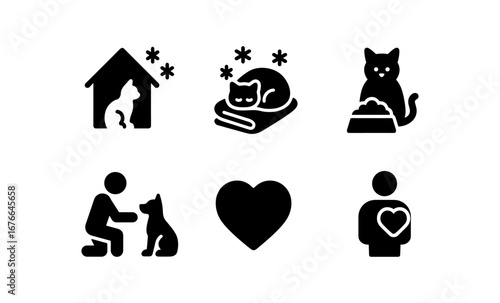 Simple pet care icons set: cats, dogs, love and shelter symbols