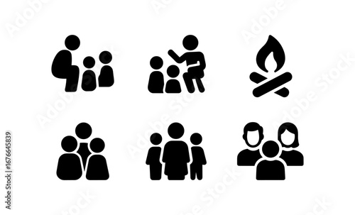 Family and community icons: simplistic black silhouettes for community and education themes