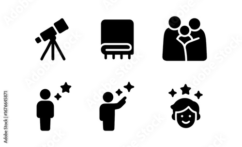 Family stargazing icons: telescope, stars, and people in minimalist design