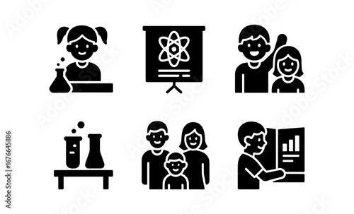 Family and education icons: science, chemistry, and learning symbols in black silhouette