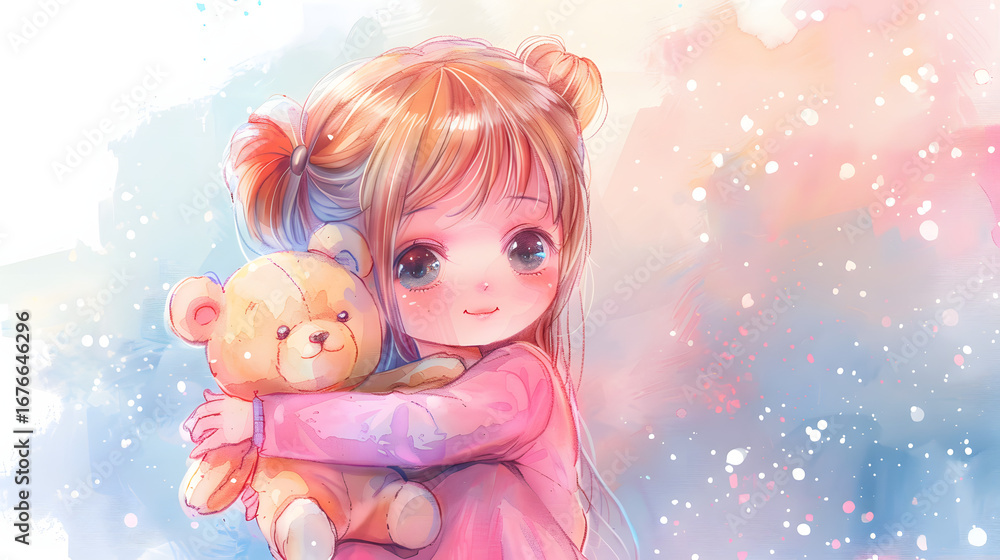 Fototapeta premium cute siberian girl hugging a stuffed animal joyful watercolor