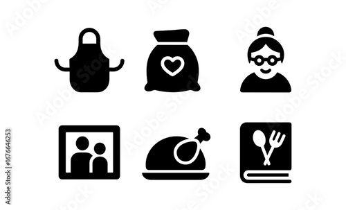 Flat kitchen and family icons set: cooking, baking, and home elements