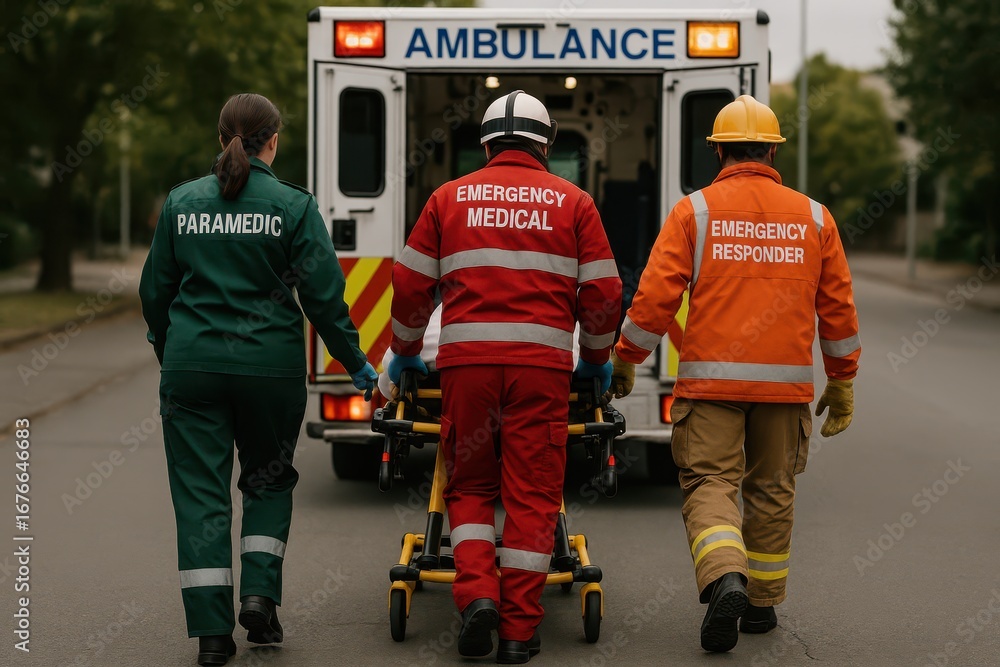 Obraz premium Emergency Response: A dedicated team of paramedics, emergency medical staff, and emergency responders work together, ensuring the safety of an individual on a stretcher.
