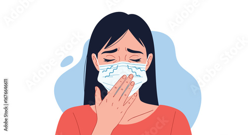 Woman wearing protective mask coughing feeling unwell with respiratory illness symptoms