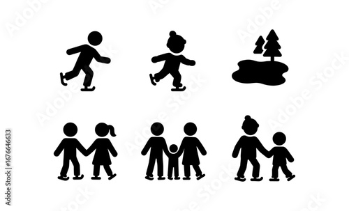 Silhouette icons of people ice skating and walking with trees and pond