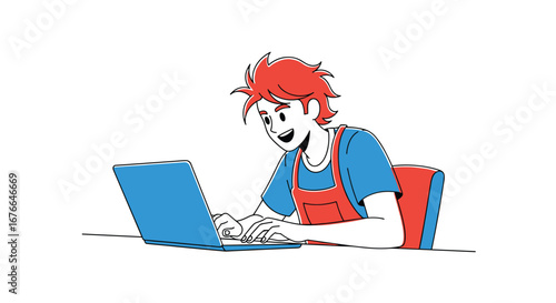 Young person focused on laptop screen working on a digital project with enthusiasm and concentration