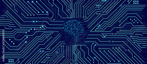 Futuristic digital brain overlaid on intricate circuit board network with glowing turquoise, blue, yellow, and orange lines on dark blue background