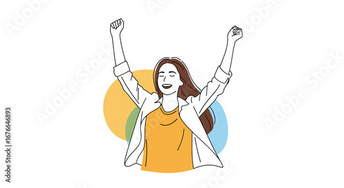 Joyful woman celebrating success with arms raised high in triumph