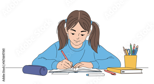 Young girl diligently working on her schoolwork at a desk with art supplies