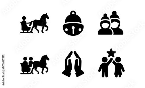 Minimalist winter activities icon set featuring sleigh ride and festive symbols