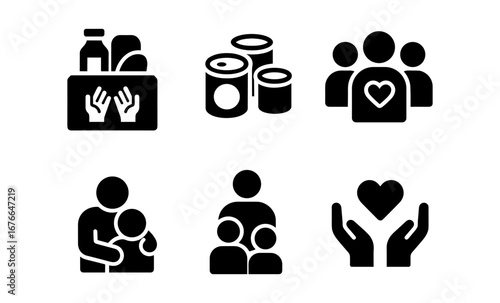 Charitable icons set featuring food donations and community support